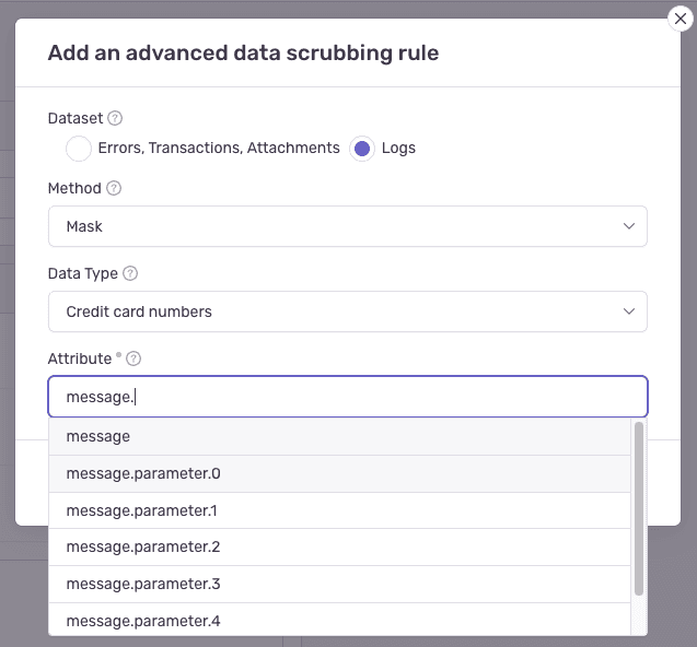 Attribute field with auto-completion dropdown showing available log attributes